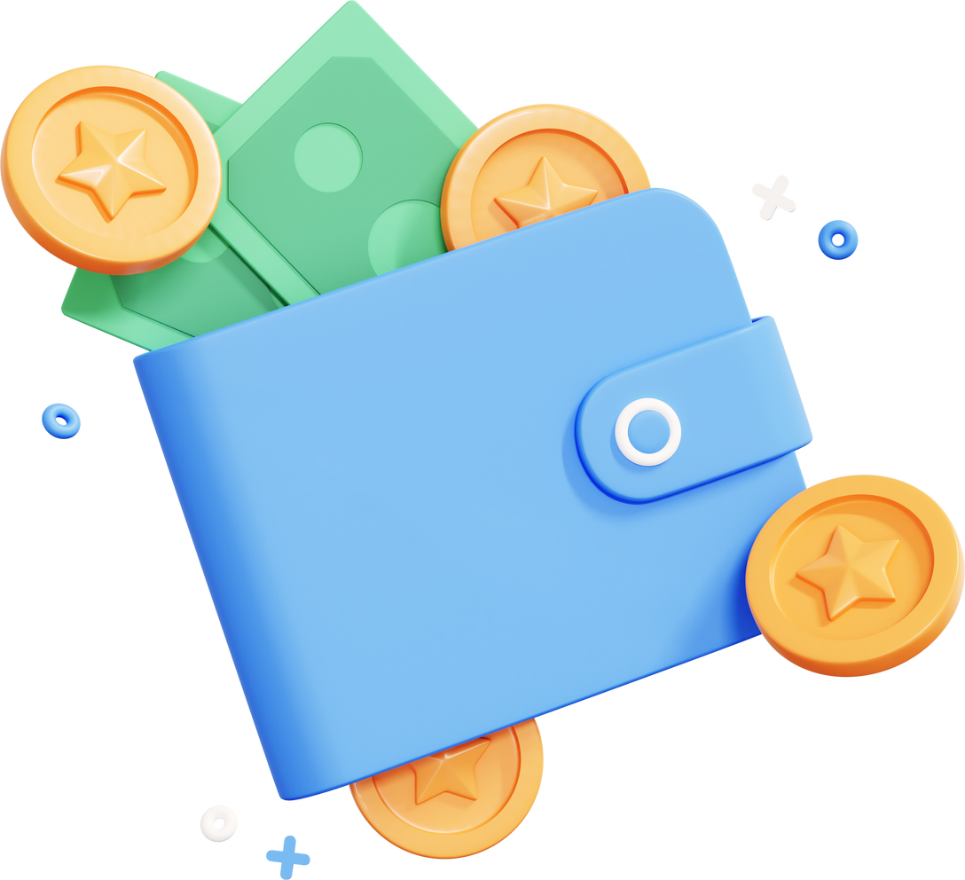 3D Wallet with dollar banknote and coin